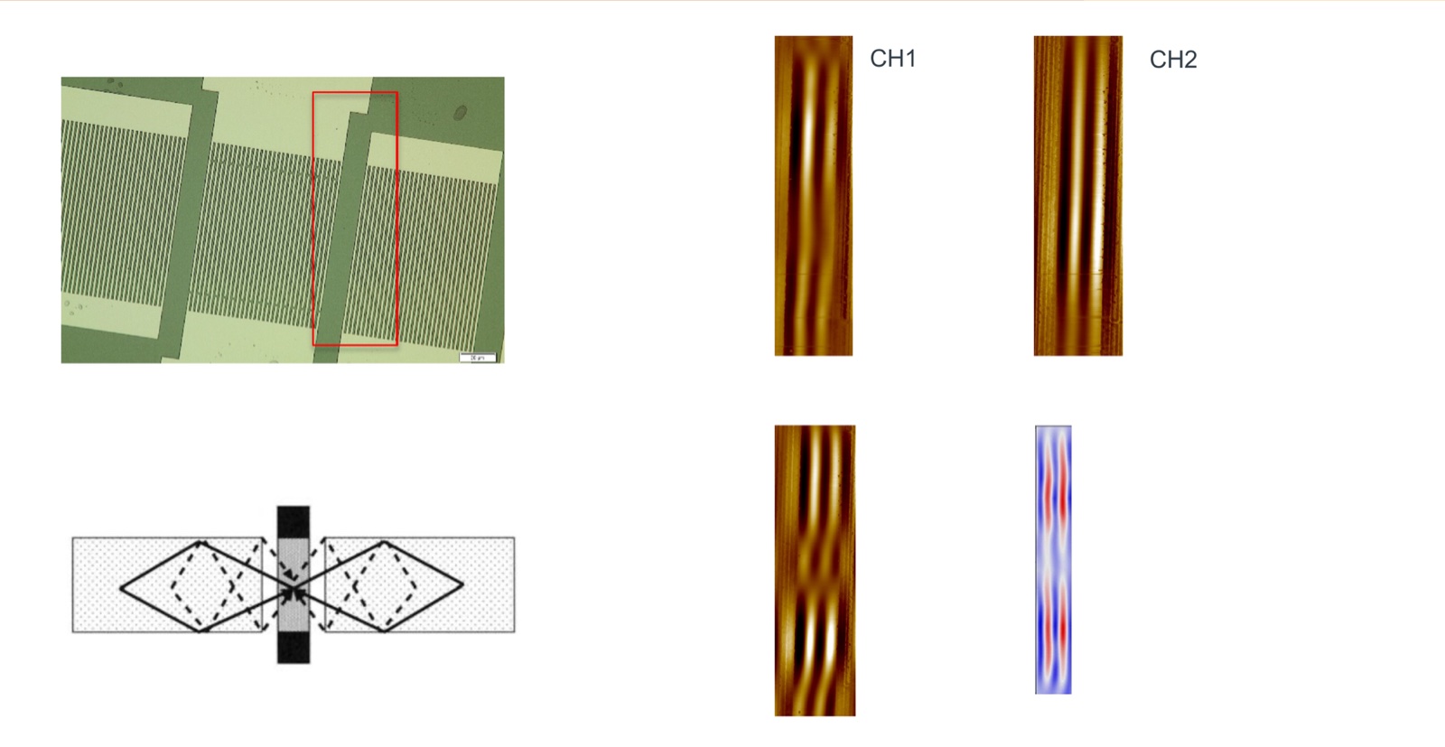 TMIM CH1 and CH2 maps across the resonator aperture, a simulated mode profile and a ray schematic